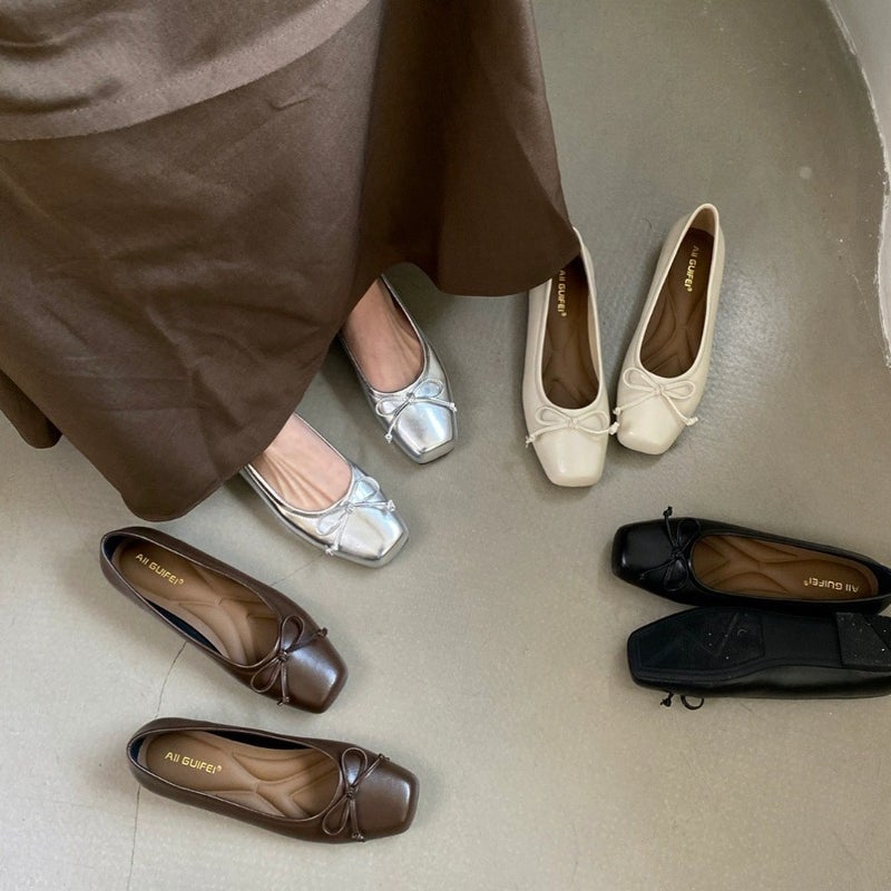 Fairy Style Gentle Shoes For Women 2025 Spring New Bow Square Toe Flats Shoes Silver Shallow Mouth Beanie Shoes - Image 2